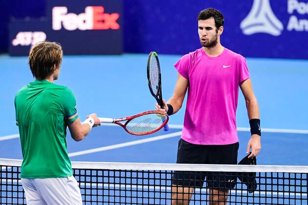 ATTENTION EDITORS - HAND OUT - EDITORIAL USE ONLY - NO SALES - NO MARKETING - Belgian Zizou Bergs and Russian Karen Khachanov pictured after the match between Belgian Bergs and Russian Khachanov, in the second round of the men s singles competition at the European Open Tennis ATP, Tennis Herren tournament, in Antwerp, Thursday 22 October 2020. LAURIExDIEFFEMBACQ  x2569835x
