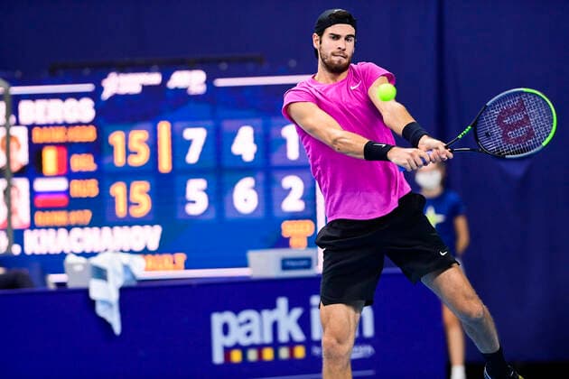 ATTENTION EDITORS - HAND OUT - EDITORIAL USE ONLY - NO SALES - NO MARKETING - Russian Karen Khachanov pictured in action during the match between Belgian Bergs and Russian Khachanov, in the second round of the men s singles competition at the European Open Tennis ATP, Tennis Herren tournament, in Antwerp, Thursday 22 October 2020. LAURIExDIEFFEMBACQ  x2569842x