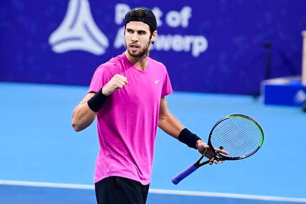 Russian Karen Khachanov celebrates during the match between Belgian Bergs and Russian Khachanov, in the second round of the men s singles competition at the European Open Tennis ATP, Tennis Herren tournament, in Antwerp, Thursday 22 October 2020. TENNIS : Open d Anvers - 22 10 2020 PhotoNews Panoramic 