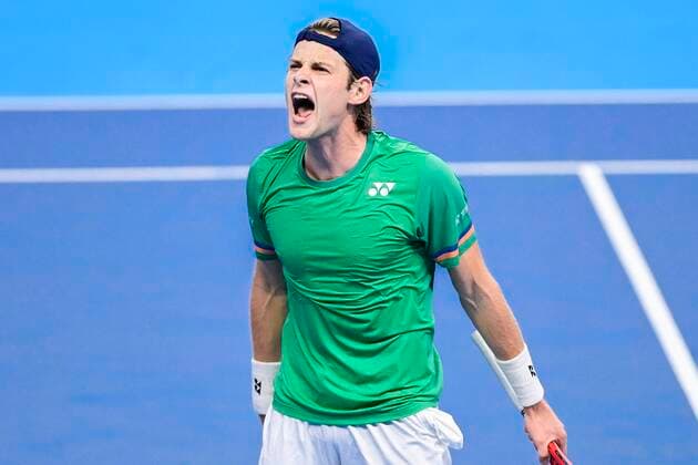 Belgian Zizou Bergs celebrates during the match between Belgian Bergs and Russian Khachanov, in the second round of the men s singles competition at the European Open Tennis ATP, Tennis Herren tournament, in Antwerp, Thursday 22 October 2020. TENNIS : Open d Anvers - 22 10 2020 PhotoNews Panoramic 