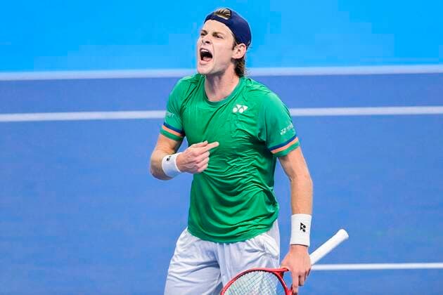 Belgian Zizou Bergs celebrates during the match between Belgian Bergs and Russian Khachanov, in the second round of the men s singles competition at the European Open Tennis ATP, Tennis Herren tournament, in Antwerp, Thursday 22 October 2020. TENNIS : Open d Anvers - 22 10 2020 PhotoNews Panoramic 