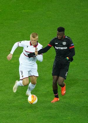Football , Europa League, Season 2020 2021, Corona Time, Covid 19, Bayer 04 Leverkusen vs OGC Nice , Group Stage, Group C, 22 10 2020, Bayarena Leverkusen , kasper Dolberg, OGC Zizza, Edmond Tapsoba, Bayer 04 Leverkusen ,