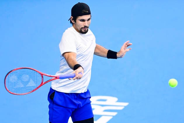 ATTENTION EDITORS - HAND OUT - EDITORIAL USE ONLY - NO SALES - NO MARKETING - US Marcos Giron pictured in action during the match between Belgian Goffin and US Giron, in the second round of the men s singles competition at the European Open Tennis ATP, Tennis Herren tournament, in Antwerp, Thursday 22 October 2020. LAURIExDIEFFEMBACQ  x2570038x