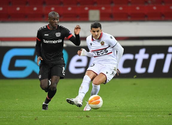 v re , Youcef Atal OGC Nice , Moussa Diaby Bayer 04 Leverkusen 22 10 2020, Football, UEFA Europa League, Season 2020 2021, 1 Matchday, Bayer 04 Leverkusen OGC Nice Photo TEAM2sportphoto Leverkusen BayArena North Rhine-Westphalia Germany Team2