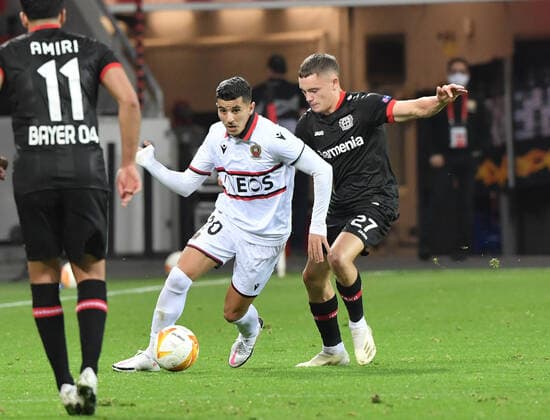 Youcef Atal OGC Nice , Florian Wirtz Bayer 04 Leverkusen , v l i 22 10 2020, Football, UEFA Europa League, Season 2020 2021, 1 Matchday, Bayer 04 Leverkusen OGC Nice 6 2 Photo TEAM2sportphoto Leverkusen BayArena North Rhine-Westphalia Germany Team2