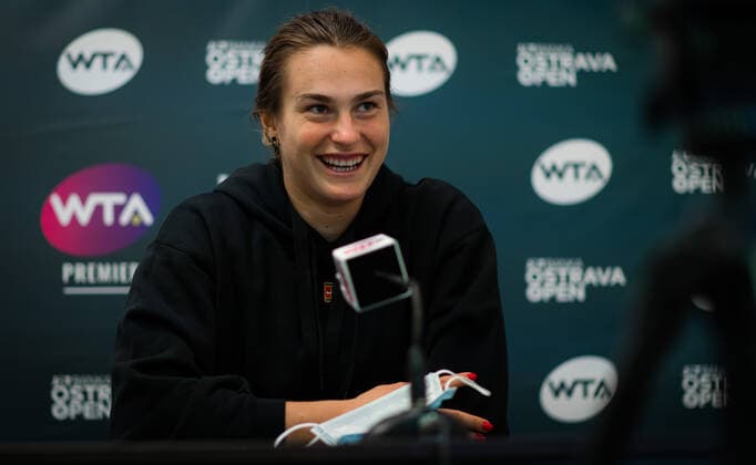 October 22, 2020, Ostrava, CZECH REPUBLIC: Aryna Sabalenka of Belarus talks to the media after reaching the quarter-final at at the 2020 J&T Banka Ostrava Open WTA, Tennis Damen Premier tennis tournament Ostrava CZECH REPUBLIC - ZUMAa181 20201022_zaa_a181_237 Copyright: xRobxPrangex