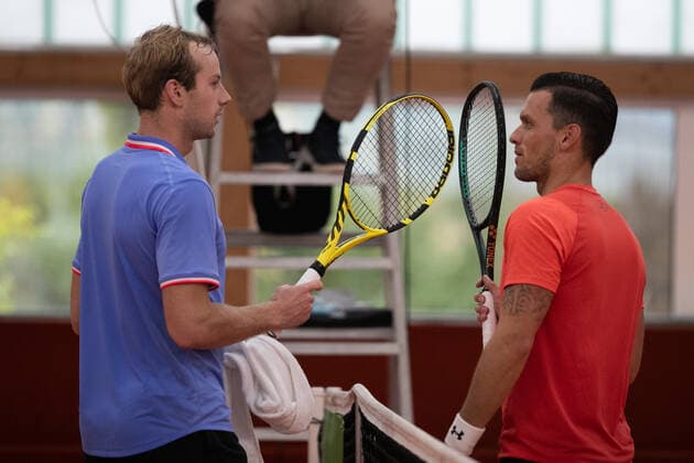 Tobias Kamke GER congratulates the winner Botic van de Zandschulp NED Tennis Wolffkran Open ATP Challenger TC Ismaning Ismaning Bavaria Germany 23 October 2020 Â Copyright: xJuergenxHasenkopfx