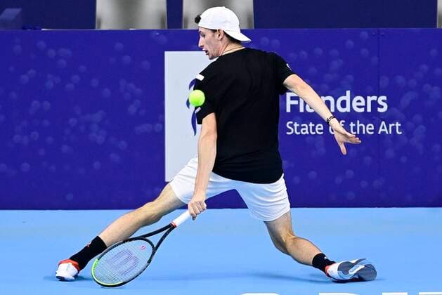 ATTENTION EDITORS - HAND OUT - EDITORIAL USE ONLY - NO SALES - NO MARKETING - French Ugo Humbert pictured in action during the match of South-African Harris aganinst French Humbert, in the quarter final round of the men s singles competition at the European Open Tennis ATP, Tennis Herren tournament, in Antwerp, Friday 23 October 2020. TENNIS : Open d Anvers - 23 10 2020 PhotoNews Panoramic 