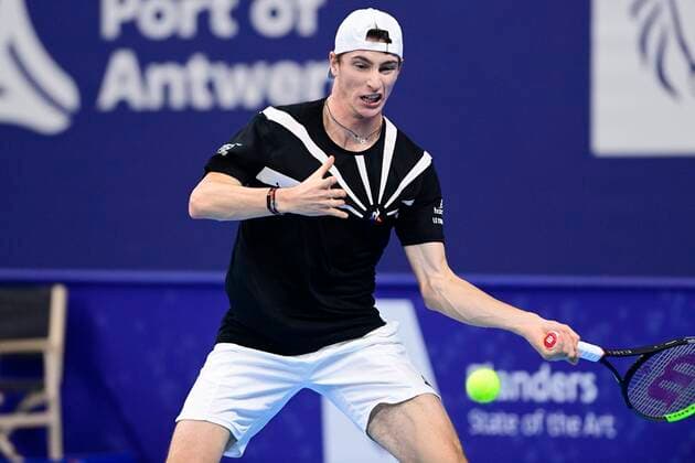 ATTENTION EDITORS - HAND OUT - EDITORIAL USE ONLY - NO SALES - NO MARKETING - French Ugo Humbert pictured in action during the match of South-African Harris aganinst French Humbert, in the quarter final round of the men s singles competition at the European Open Tennis ATP, Tennis Herren tournament, in Antwerp, Friday 23 October 2020. TENNIS : Open d Anvers - 23 10 2020 PhotoNews Panoramic 