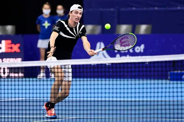 ATTENTION EDITORS - HAND OUT - EDITORIAL USE ONLY - NO SALES - NO MARKETING - French Ugo Humbert pictured in action during the match of South-African Harris aganinst French Humbert, in the quarter final round of the men s singles competition at the European Open Tennis ATP, Tennis Herren tournament, in Antwerp, Friday 23 October 2020. TENNIS : Open d Anvers - 23 10 2020 PhotoNews Panoramic 