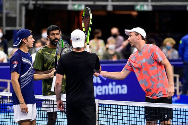 ATTENTION EDITORS - HAND OUT - EDITORIAL USE ONLY - NO SALES - NO MARKETING - Australian Alex De Minaur, Indian Rohan Bopanna, Australian Matt Reid and Dutch Matwe Middelkoop pictured after the match of Indian Bopanna and Dutch Middelkoop against Australian pair De Minaur and Reid, in the second round of the men s doubles competition at the European Open Tennis ATP, Tennis Herren tournament, in Antwerp, Friday 23 October 2020. LAURIExDIEFFEMBACQ  x2570840x