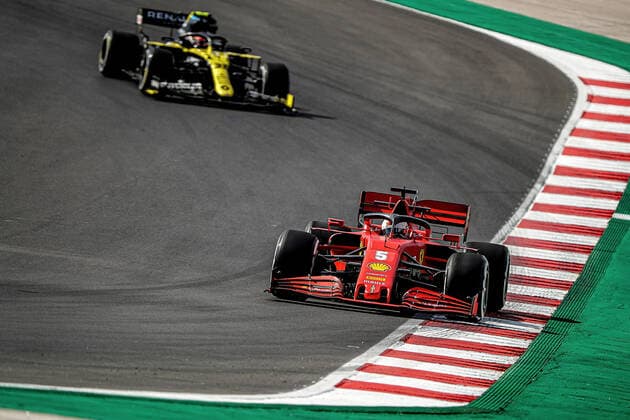 FORMULA 1 HEINEKEN PORTUGUESE GRAND PRIX 2020 23 10 2020, Autodromo Internacional do Algarve, Portimao, FORMULA 1 HEINEKEN PORTUGUESE GRAND PRIX 2020, in the picture Sebastian Vettel GER 5 , Scuderia Ferrari, Esteban Ocon FRA 31 , Renault DP World F1 Team nordphotoxBratic nph00250