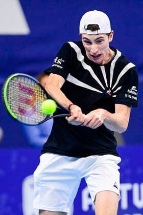 ATTENTION EDITORS - HAND OUT - EDITORIAL USE ONLY - NO SALES - NO MARKETING - French Ugo Humbert pictured in action during a tennis match between British Evans and French Humbert, the semi-finals of the men s singles competition at the European Open Tennis ATP, Tennis Herren tournament in Antwerp, Saturday 24 October 2020. LAURIExDIEFFEMBACQ  x2570909x