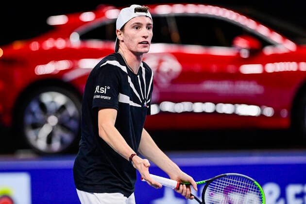 ATTENTION EDITORS - HAND OUT - EDITORIAL USE ONLY - NO SALES - NO MARKETING - French Ugo Humbert reacts during a tennis match between British Evans and French Humbert, the semi-finals of the men s singles competition at the European Open Tennis ATP, Tennis Herren tournament in Antwerp, Saturday 24 October 2020. LAURIExDIEFFEMBACQ  x2571081x