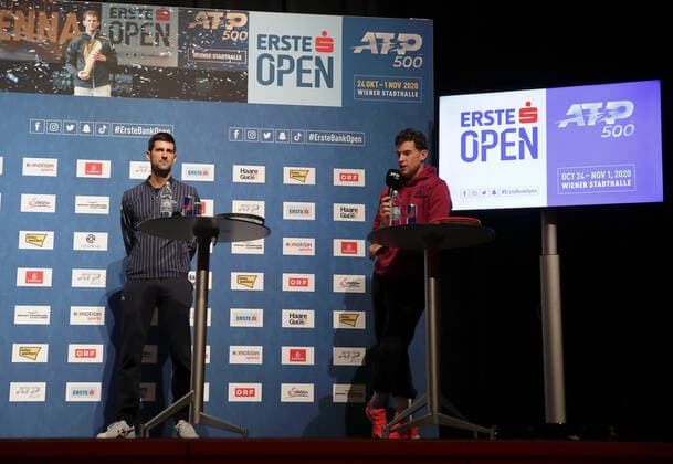 TENNIS - ATP, Tennis Herren Erste Bank Open VIENNA,AUSTRIA,25.OCT.20 - TENNIS - ATP World Tour, Erste Bank Open, preview, press conference, PK, Pressekonferenz Image shows Novak Djokovic (SRB) and Dominic Thiem (AUT). GEPAxpictures xWalterxLuger