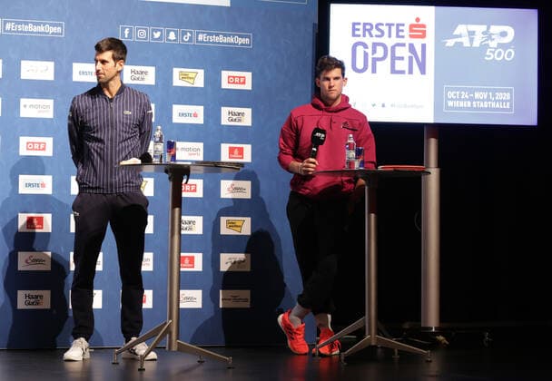 TENNIS - ATP, Tennis Herren Erste Bank Open VIENNA,AUSTRIA,25.OCT.20 - TENNIS - ATP World Tour, Erste Bank Open, preview, press conference, PK, Pressekonferenz Image shows Novak Djokovic (SRB) and Dominic Thiem (AUT). GEPAxpictures xWalterxLuger