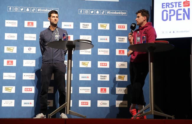 TENNIS - ATP, Tennis Herren Erste Bank Open VIENNA,AUSTRIA,25.OCT.20 - TENNIS - ATP World Tour, Erste Bank Open, preview, press conference, PK, Pressekonferenz Image shows Novak Djokovic (SRB) and Dominic Thiem (AUT). GEPAxpictures xWalterxLuger