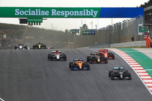 25th October 2020; Algarve International Circuit, Portimao, Portugal; Formula One, Portugal Grand Prix, Race Day; Mercedes AMG Petronas F1 W11 EQ Performance, Lewis Hamilton leads over Lando Norris, McLaren  ActionPlus12243270 Octane