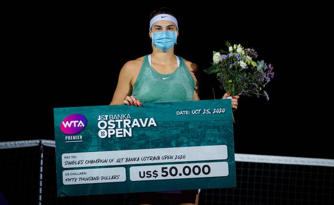 October 25, 2020, Ostrava, CZECH REPUBLIC: Aryna Sabalenka of Belarus during the trophy ceremony of the 2020 J&T Banka Ostrava Open WTA, Tennis Damen Premier tennis tournament against Victoria Azarenka of Belarus Ostrava CZECH REPUBLIC - ZUMAa181 20201025_zaa_a181_009 Copyright: xRobxPrangex