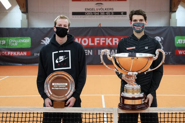 Winner Marc Andrea Huesler SUI and finalist Botic van de Zandschulp NED with cup, trophy award ceremony, presentation Tennis Wolffkran Open ATP Challenger TC Ismaning Ismaning Bavaria Germany 25 October 2020 Â Copyright: xJuergenxHasenkopfx