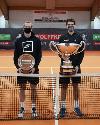 Winner Marc Andrea Huesler SUI and finalist Botic van de Zandschulp NED with cup, trophy award ceremony, presentation Tennis Wolffkran Open ATP Challenger TC Ismaning Ismaning Bavaria Germany 25 October 2020 Â Copyright: xJuergenxHasenkopfx