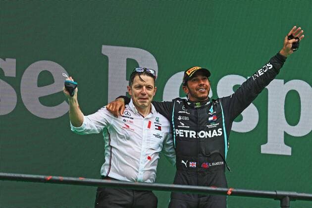 25th October 2020; Algarve International Circuit, Portimao, Portugal; Formula One, Portugal Grand Prix, Race Day; Mercedes AMG Petronas F1 W11 EQ Performance, Lewis Hamilton takes his 92nd win celebrates with Peter Bonnington on podium  ActionPlus12243295 Octane