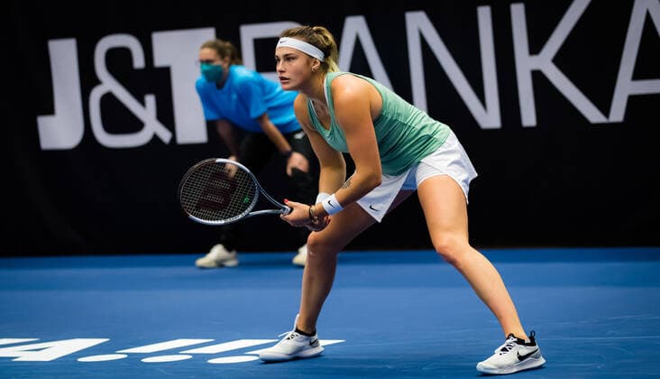 October 25, 2020, Ostrava, CZECH REPUBLIC: Aryna Sabalenka of Belarus in action during the final of the 2020 J&T Banka Ostrava Open WTA, Tennis Damen Premier tennis tournament against Victoria Azarenka of Belarus Ostrava CZECH REPUBLIC - ZUMAa181 20201025_zaa_a181_079 Copyright: xRobxPrangex