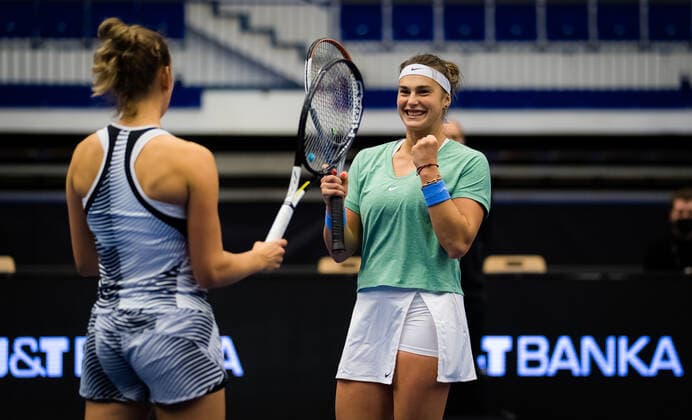 October 25, 2020, Ostrava, CZECH REPUBLIC: Aryna Sabalenka of Belarus & Elise Mertens of Belgium celebrate winning the doubles final at the 2020 J&T Banka Ostrava Open WTA, Tennis Damen Premier tennis tournament Ostrava CZECH REPUBLIC - ZUMAa181 20201025_zaa_a181_104 Copyright: xRobxPrangex