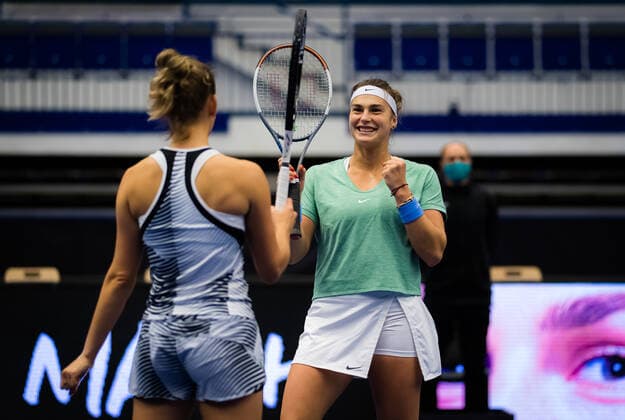 October 25, 2020, Ostrava, CZECH REPUBLIC: Aryna Sabalenka of Belarus & Elise Mertens of Belgium celebrate winning the doubles final at the 2020 J&T Banka Ostrava Open WTA, Tennis Damen Premier tennis tournament Ostrava CZECH REPUBLIC - ZUMAa181 20201025_zaa_a181_105 Copyright: xRobxPrangex