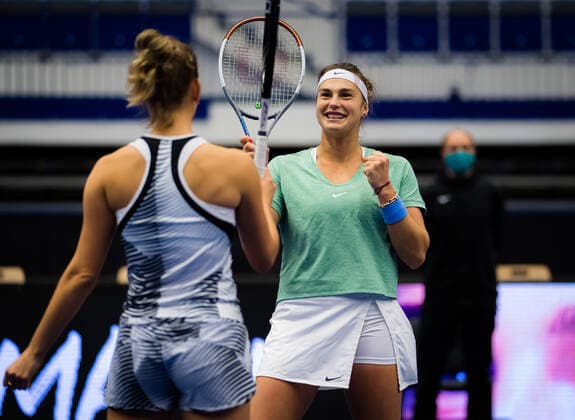 October 25, 2020, Ostrava, CZECH REPUBLIC: Aryna Sabalenka of Belarus & Elise Mertens of Belgium celebrate winning the doubles final at the 2020 J&T Banka Ostrava Open WTA, Tennis Damen Premier tennis tournament Ostrava CZECH REPUBLIC - ZUMAa181 20201025_zaa_a181_106 Copyright: xRobxPrangex