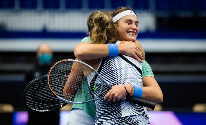 October 25, 2020, Ostrava, CZECH REPUBLIC: Aryna Sabalenka of Belarus & Elise Mertens of Belgium celebrate winning the doubles final at the 2020 J&T Banka Ostrava Open WTA, Tennis Damen Premier tennis tournament Ostrava CZECH REPUBLIC - ZUMAa181 20201025_zaa_a181_108 Copyright: xRobxPrangex