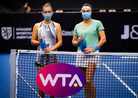 October 25, 2020, Ostrava, CZECH REPUBLIC: Aryna Sabalenka of Belarus & Elise Mertens of Belgium with their winners trophies at the doubles trophy ceremony at the 2020 J&T Banka Ostrava Open WTA, Tennis Damen Premier tennis tournament Ostrava CZECH REPUBLIC - ZUMAa181 20201025_zaa_a181_119 Copyright: xRobxPrangex