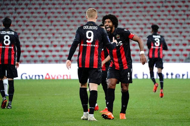 Joie - Kasper Dolberg (OGC Nice) - Dante (OGC Nice) FOOTBALL : OGC Nice vs Lille - Nice - 25 10 2020 NorbertScanella PanoramiC 