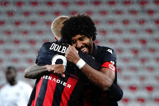 Joie - Kasper Dolberg (OGC Nice) - Dante (OGC Nice) FOOTBALL : OGC Nice vs Lille - Nice - 25 10 2020 NorbertScanella PanoramiC 