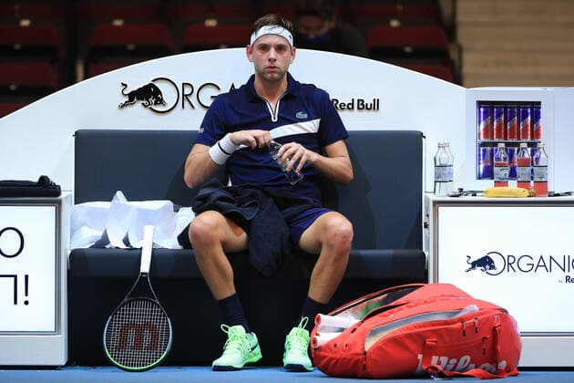 Filip Krajinovic sits on the bench during the break in the match Tennis FIRST BENCH OPEN 2020 ATP 500 Stadthalle Vienna Austria 27 October 2020 Â Copyright: xJuergenxHasenkopfx