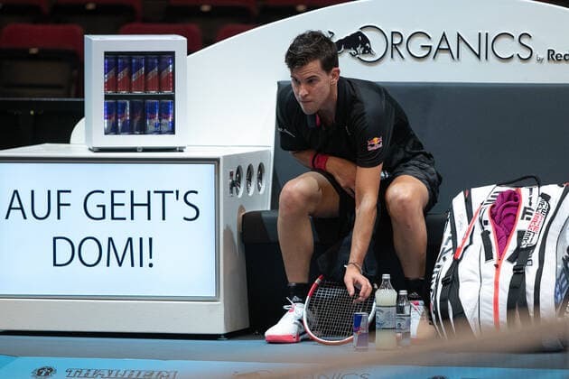 Dominic Thiem AUT sits on the bench and drinks a drink of his sponsor during the break of the match Tennis ERSTE BANK OPEN 2020 ATP 500 Stadthalle Wien Oesterreich 27 October 2020 Â Copyright: xJuergenxHasenkopfx