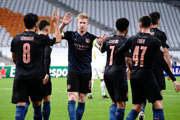 Joie - Ilkay Gundogan (Manchester City) - Phil Foden (Manchester City) - Kevin De Bruyne (Manchester City) FOOTBALL : Olympique de Marseille vs Manchester City - Ligue des Champions - Marseille - 27 10 2020 NorbertScanella PanoramiC 