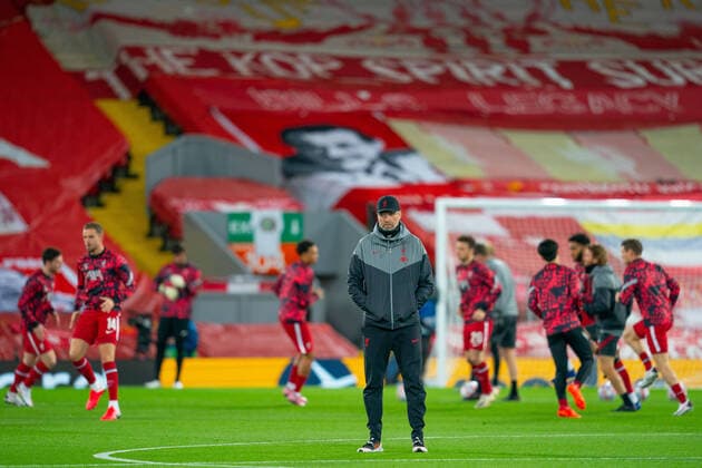 Football - 2020 2021 Champions League - Group D - Liverpool vs FC Midtjylland - Anfield Liverpool manager Jürgen Klopp during the pre-match warm-up COLORSPORT TERRY DONNELLY 