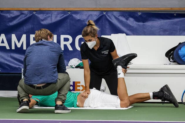 In the picture Daniel Altmaier GER WC 4 medical treatment after a fall into the boundary TENNIS CHALLENGER HAMBURG presented by TANNENHOF, Hamburg, DTB base Hamburg, 28 10 2020,