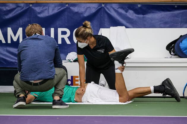 In the picture Daniel Altmaier GER WC 4 medical treatment after a fall into the boundary TENNIS CHALLENGER HAMBURG presented by TANNENHOF, Hamburg, DTB base Hamburg, 28 10 2020,