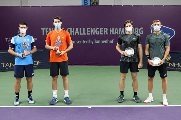In the picture double award ceremony Kamil Majchrzak POL 1 and Marc Andrea Huesler SUI winner, Alex LAWSON USA and Lloyd GLASSPOOL GBR 2 place TENNIS CHALLENGER HAMBURG presented by TANNENHOF, Hamburg, DTB Base Hamburg, 31 10 2020,