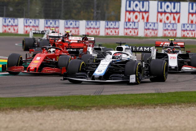 Motorsports FIA Formula One World Championship 2020, Grand Prix of Emilia Romagna, 63 George Russell GBR, Williams Racing , 5 Sebastian Vettel GER, Scuderia Ferrari Mission Winnow , 20 Kevin Magnussen DEN, Haas F1 Team , Imola Italy