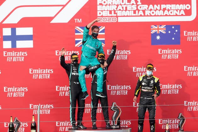 Motorsports FIA Formula One World Championship 2020, Grand Prix of Emilia Romagna, 77 Valtteri Bottas FIN, Mercedes AMG Petronas Formula One Team , Leo Stevens Mercedes AMG Petronas Formula One Team , 44 Lewis Hamilton GBR, Mercedes AMG Petronas Formula One Team , 3 Daniel Ricciardo AUS, Renault DP World F1 Team , Imola Italy