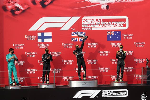 Formula 1 Emirates Gran Premio Dell emilia Romagna 2020 01 11 2020, Autodromo Enzo e Dino Ferrari, Imola, Formula 1 Emirates Gran Premio Dell emilia Romagna 2020 , in picture podium winner Lewis Hamilton GB 44 , Mercedes AMG Petronas F1 Team, 2 place for Valtteri Bottas FIN 77 , Mercedes AMG Petronas F1 Team, 3 place for Daniel Ricciardo AUS 3 , Renault DP World F1 Team nordphotoxBratic nph00250