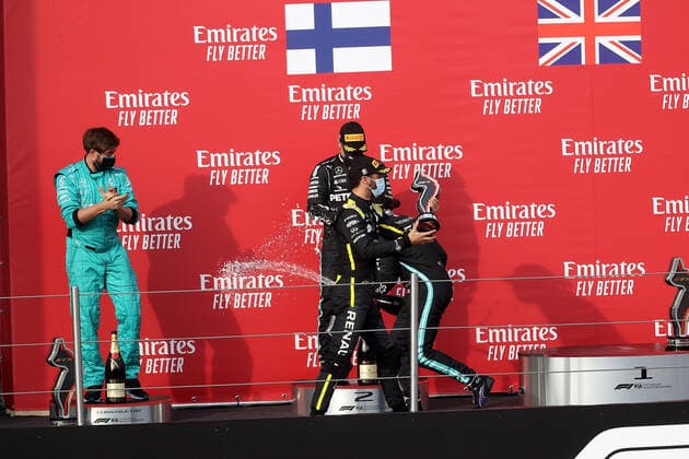 Formula 1 Emirates Gran Premio Dell emilia Romagna 2020 01 11 2020, Autodromo Enzo e Dino Ferrari, Imola, Formula 1 Emirates Gran Premio Dell emilia Romagna 2020 , in picture podium winner Lewis Hamilton GB 44 , Mercedes AMG Petronas F1 Team, 2 place for Valtteri Bottas FIN 77 , Mercedes AMG Petronas F1 Team, 3 place for Daniel Ricciardo AUS 3 , Renault DP World F1 Team nordphotoxBratic nph00250