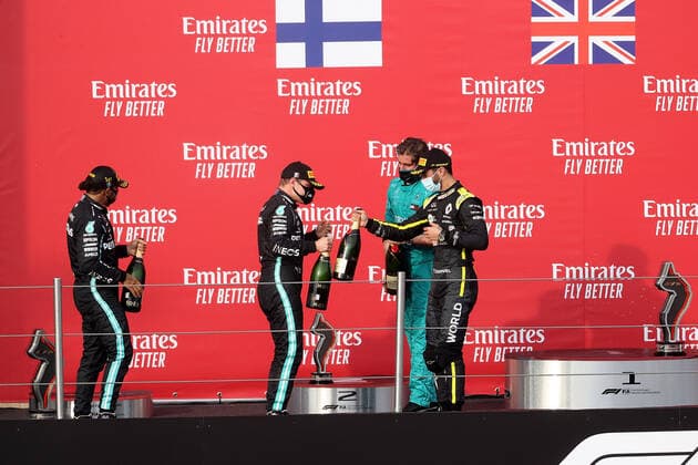 Formula 1 Emirates Gran Premio Dell emilia Romagna 2020 01 11 2020, Autodromo Enzo e Dino Ferrari, Imola, Formula 1 Emirates Gran Premio Dell emilia Romagna 2020 , in picture podium winner Lewis Hamilton GB 44 , Mercedes AMG Petronas F1 Team, 2 place for Valtteri Bottas FIN 77 , Mercedes AMG Petronas F1 Team, 3 place for Daniel Ricciardo AUS 3 , Renault DP World F1 Team nordphotoxBratic nph00250