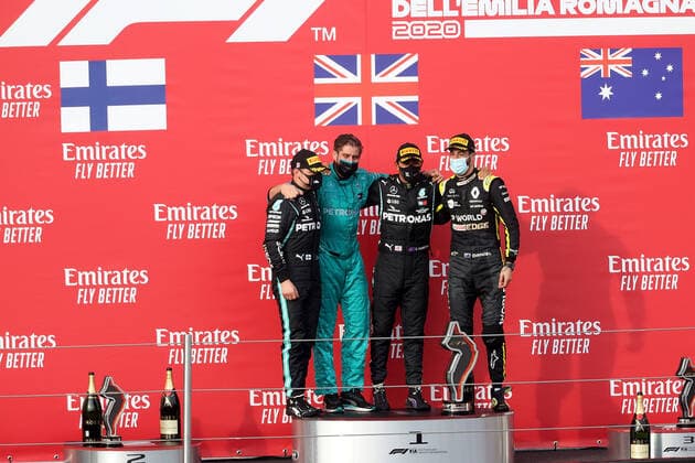 Formula 1 Emirates Gran Premio Dell emilia Romagna 2020 01 11 2020, Autodromo Enzo e Dino Ferrari, Imola, Formula 1 Emirates Gran Premio Dell emilia Romagna 2020 , in picture podium winner Lewis Hamilton GB 44 , Mercedes AMG Petronas F1 Team, 2 place for Valtteri Bottas FIN 77 , Mercedes AMG Petronas F1 Team, 3 place for Daniel Ricciardo AUS 3 , Renault DP World F1 Team nordphotoxBratic nph00250