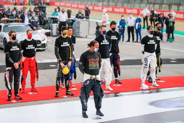 Motorsports FIA Formula One World Championship 2020, Grand Prix of Emilia Romagna, F1 drivers on the grid in support of the Black Lives Matter movement against racism, 44 Lewis Hamilton GBR, Mercedes AMG Petronas Formula One Team , Imola Italy