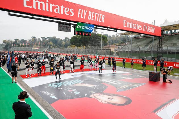 Motorsports FIA Formula One World Championship 2020, Grand Prix of Emilia Romagna, F1 drivers on the grid in support of the Black Lives Matter movement against racism Imola Italy