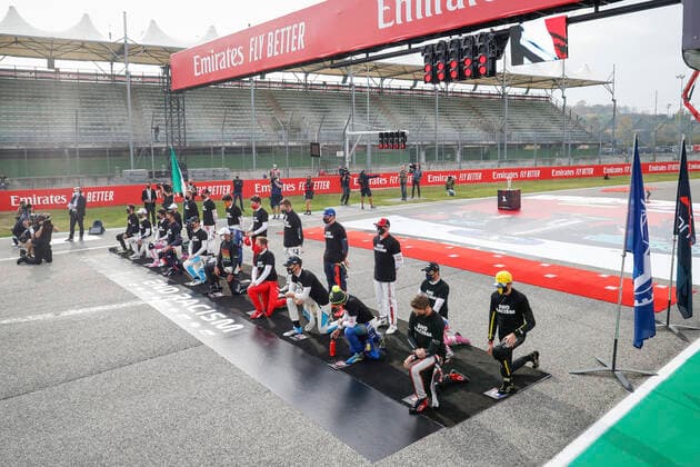 Motorsports FIA Formula One World Championship 2020, Grand Prix of Emilia Romagna, F1 drivers on the grid in support of the Black Lives Matter movement against racism Imola Italy